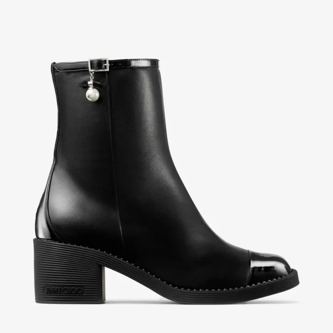 Adry Ankle Boot 60 Black Patent and Nappa Leather Boots with Pearl Charm