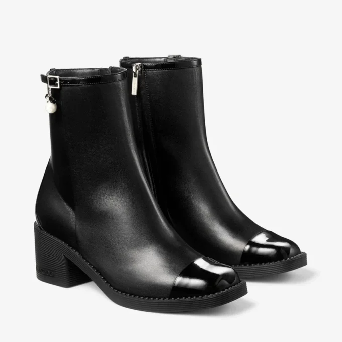 Adry Ankle Boot 60 Black Patent and Nappa Leather Boots with Pearl Charm