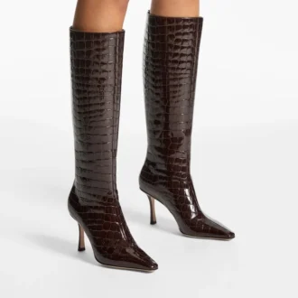 Agathe Knee Boot 85 Sambuco Shiny Croc Embossed Leather Knee High Boots