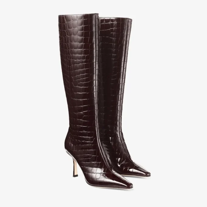 Agathe Knee Boot 85 Sambuco Shiny Croc Embossed Leather Knee High Boots
