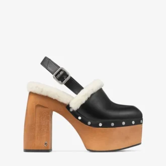 Alida Platform 135 Black Shiny Calf Leather Slingbacks with Shearling