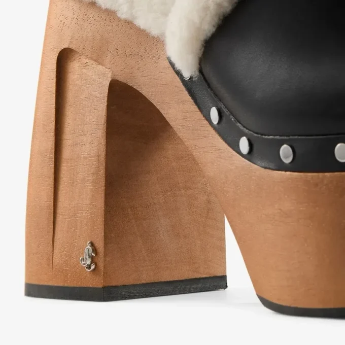 Alida Platform 135 Black Shiny Calf Leather Slingbacks with Shearling