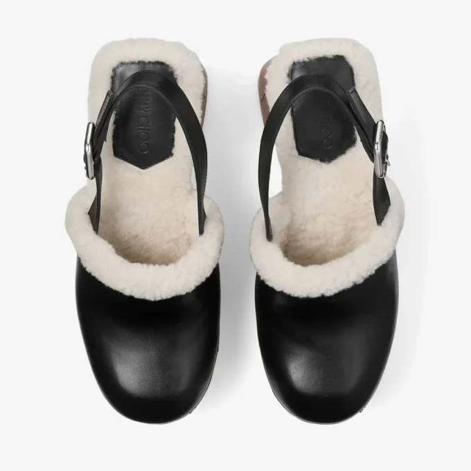 Alida Platform 135 Black Shiny Calf Leather Slingbacks with Shearling