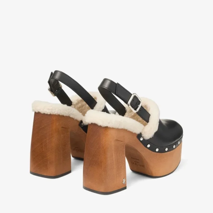 Alida Platform 135 Black Shiny Calf Leather Slingbacks with Shearling