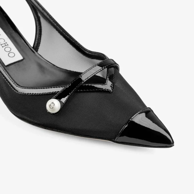 Amita 45 Black Patent Leather and Mesh Slingbacks