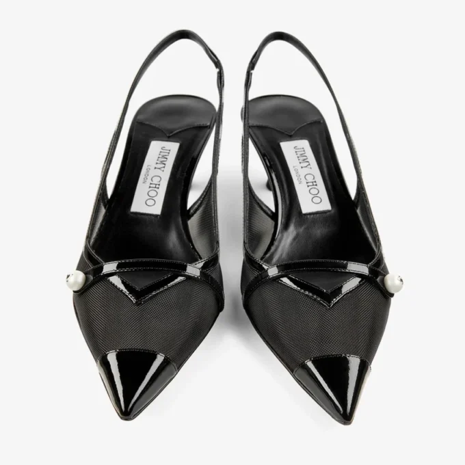Amita 45 Black Patent Leather and Mesh Slingbacks