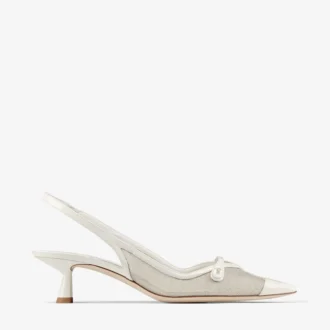 Amita 45 Latte and Champagne Patent and Metallic Mesh Sling Back Pumps