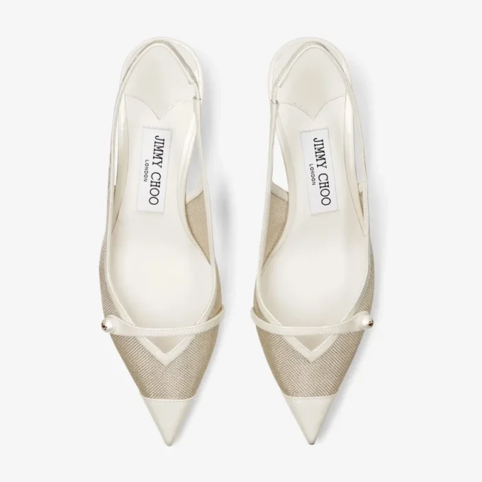 Amita 45 Latte and Champagne Patent and Metallic Mesh Sling Back Pumps