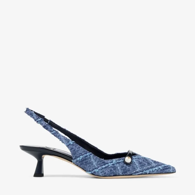 Amita 45 Marine Crosshatch Denim and Patent Leather Slingbacks