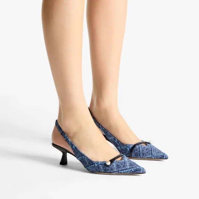 Amita 45 Marine Crosshatch Denim and Patent Leather Slingbacks