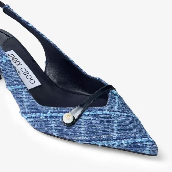 Amita 45 Marine Crosshatch Denim and Patent Leather Slingbacks
