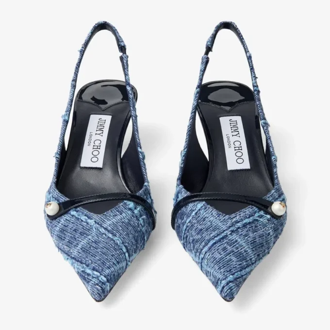 Amita 45 Marine Crosshatch Denim and Patent Leather Slingbacks