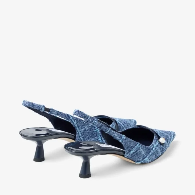 Amita 45 Marine Crosshatch Denim and Patent Leather Slingbacks