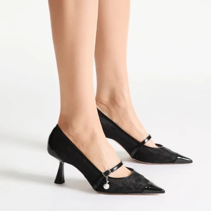 Aren Pump 65 Black Spazzolato and Heart Mesh Pumps with Pearl Charm