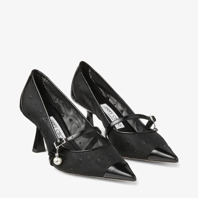 Aren Pump 65 Black Spazzolato and Heart Mesh Pumps with Pearl Charm