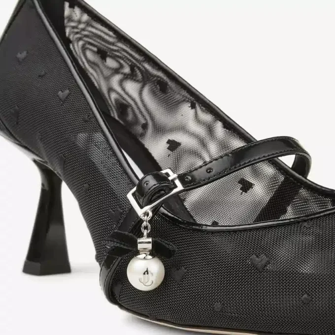 Aren Pump 65 Black Spazzolato and Heart Mesh Pumps with Pearl Charm