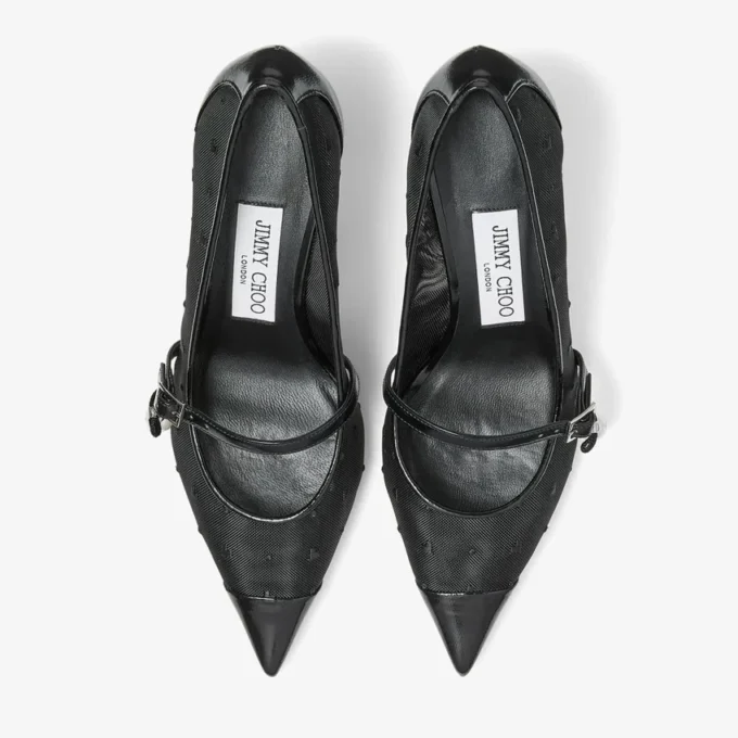 Aren Pump 65 Black Spazzolato and Heart Mesh Pumps with Pearl Charm