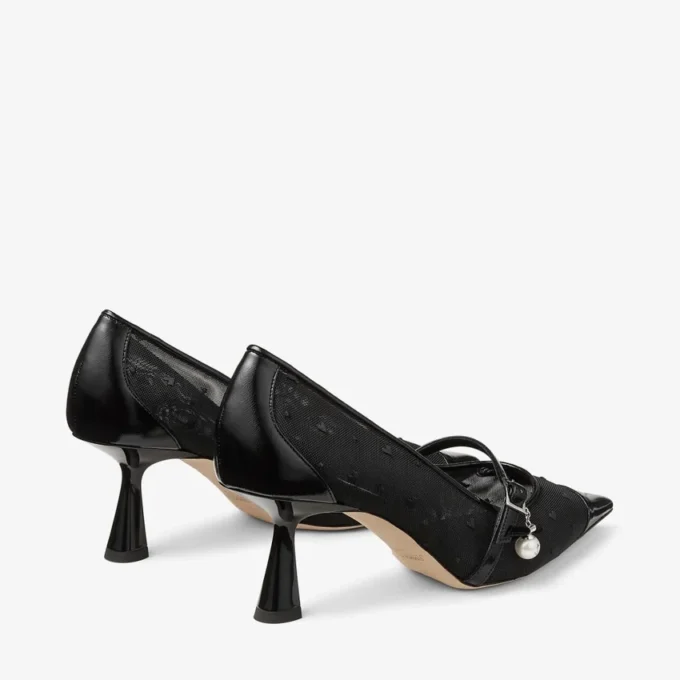 Aren Pump 65 Black Spazzolato and Heart Mesh Pumps with Pearl Charm