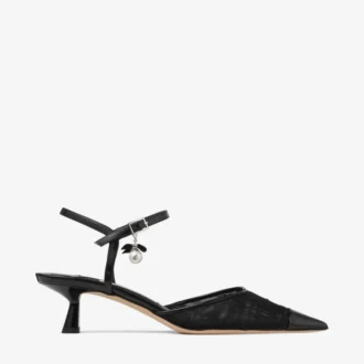 Aren Sling Back 45 Black Spazzolato and Heart Mesh Slingbacks with Pearl Charm