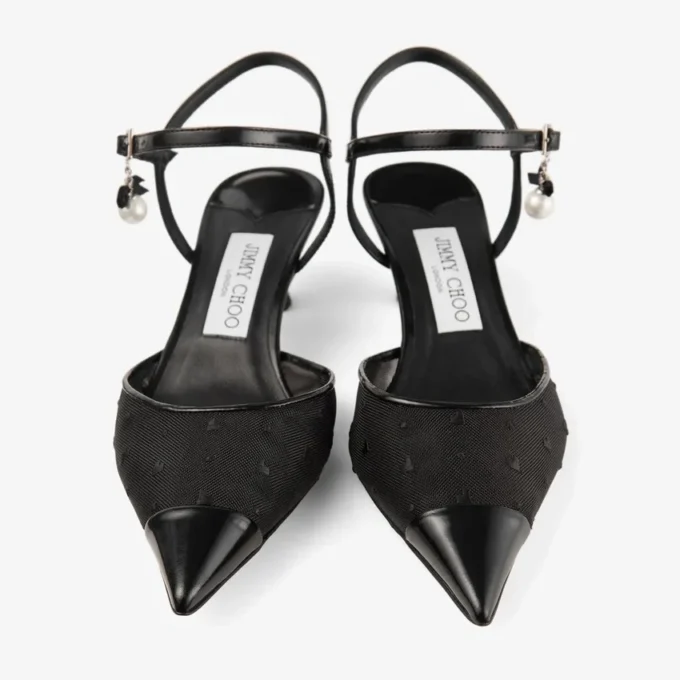 Aren Sling Back 45 Black Spazzolato and Heart Mesh Slingbacks with Pearl Charm