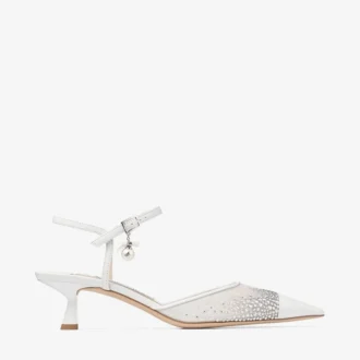 Aren Sling Back 45 White Crystal Mesh Slingbacks with Pearl Charm