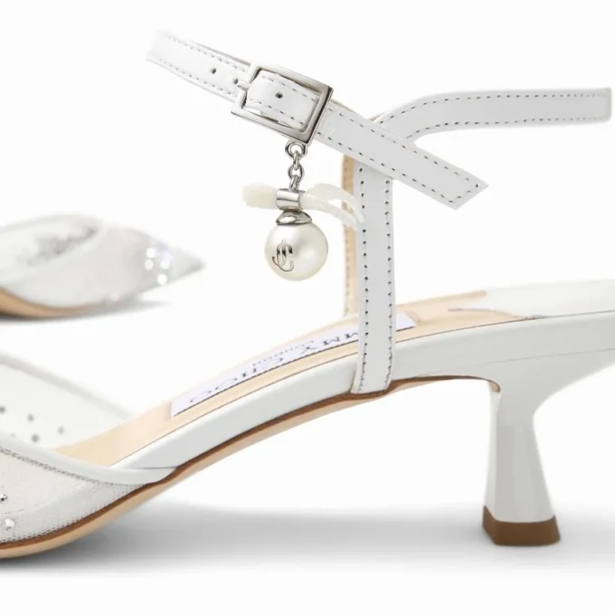 Aren Sling Back 45 White Crystal Mesh Slingbacks with Pearl Charm
