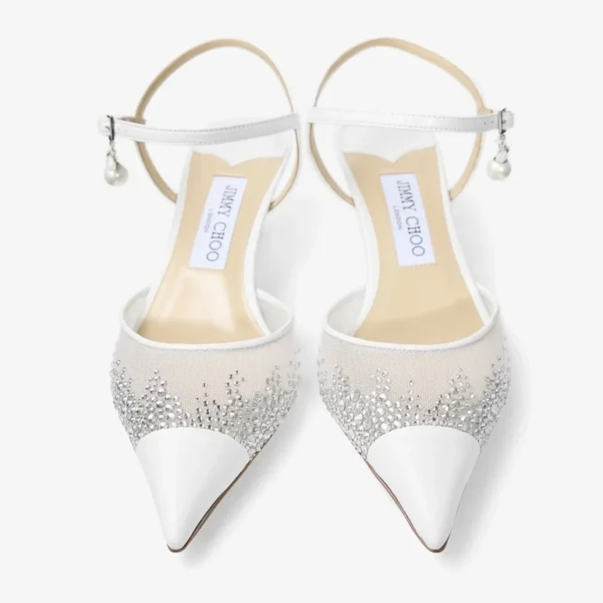 Aren Sling Back 45 White Crystal Mesh Slingbacks with Pearl Charm