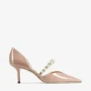 Aurelie 65 Ballet Pink Patent Leather Pointed Pumps with Pearl Embellishment