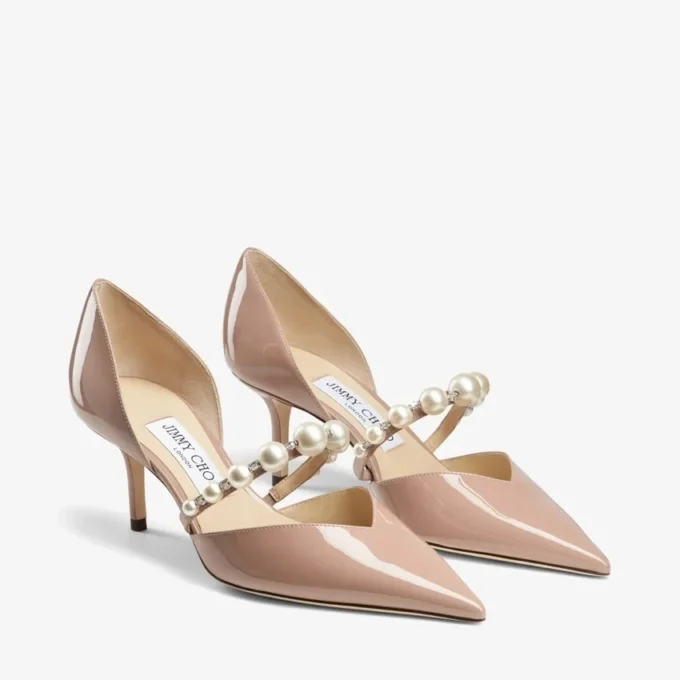 Aurelie 65 Ballet Pink Patent Leather Pointed Pumps with Pearl Embellishment