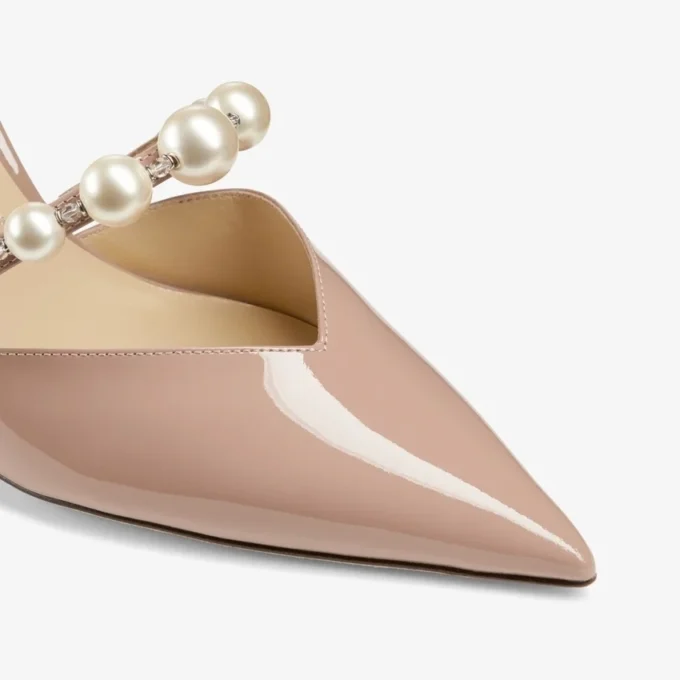 Aurelie 65 Ballet Pink Patent Leather Pointed Pumps with Pearl Embellishment