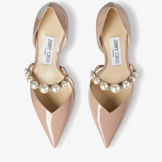 Aurelie 65 Ballet Pink Patent Leather Pointed Pumps with Pearl Embellishment
