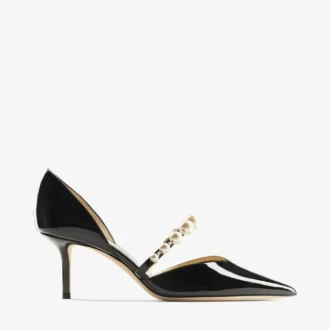 Aurelie 65 Black Patent Leather Pointed Pumps with Pearl Embellishment