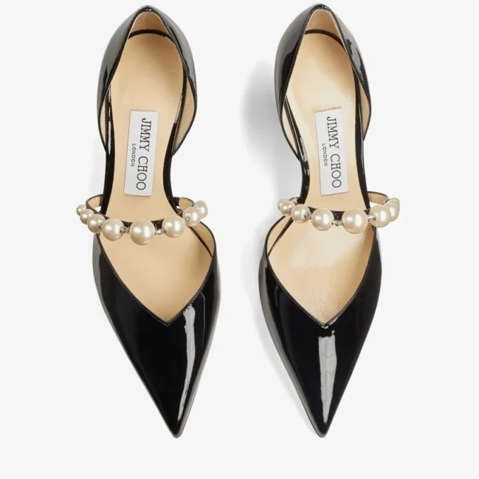 Aurelie 65 Black Patent Leather Pointed Pumps with Pearl Embellishment