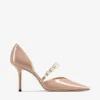 Aurelie 85 Ballet Pink Patent Leather Pointed Pumps with Pearl Embellishment
