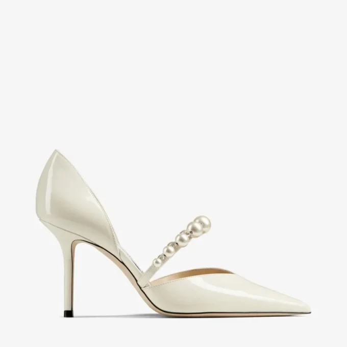 Aurelie 85 Latte Patent Leather Pointed Pumps with Pearl Embellishment