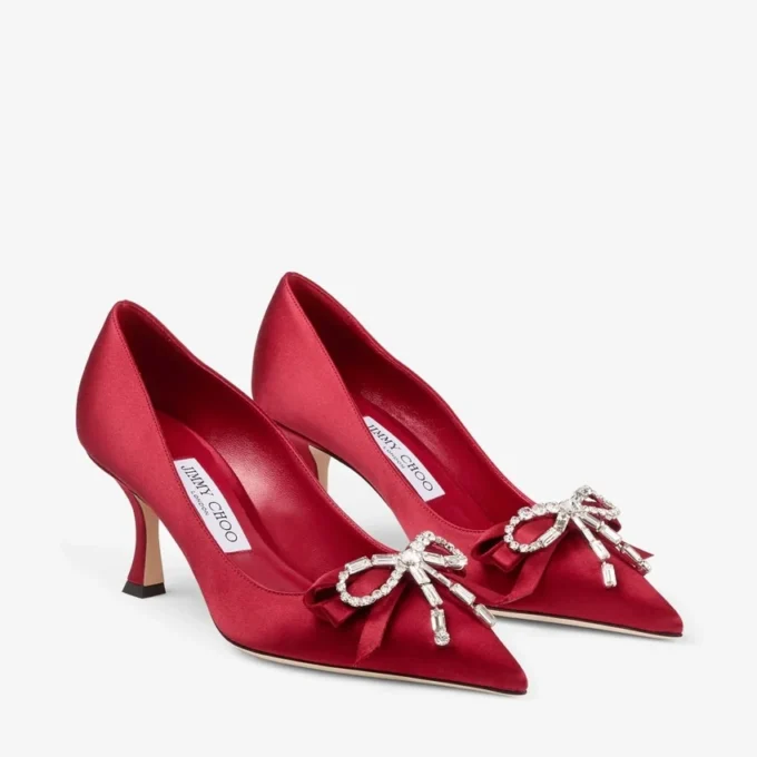 Auria 70 Ruby Red Satin Pumps with Satin and Crystal Bow