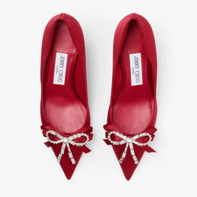 Auria 70 Ruby Red Satin Pumps with Satin and Crystal Bow