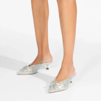 Auria Mule 50 Ivory Satin and Princess Crystal Hotfix Mules with Bow Embellishment