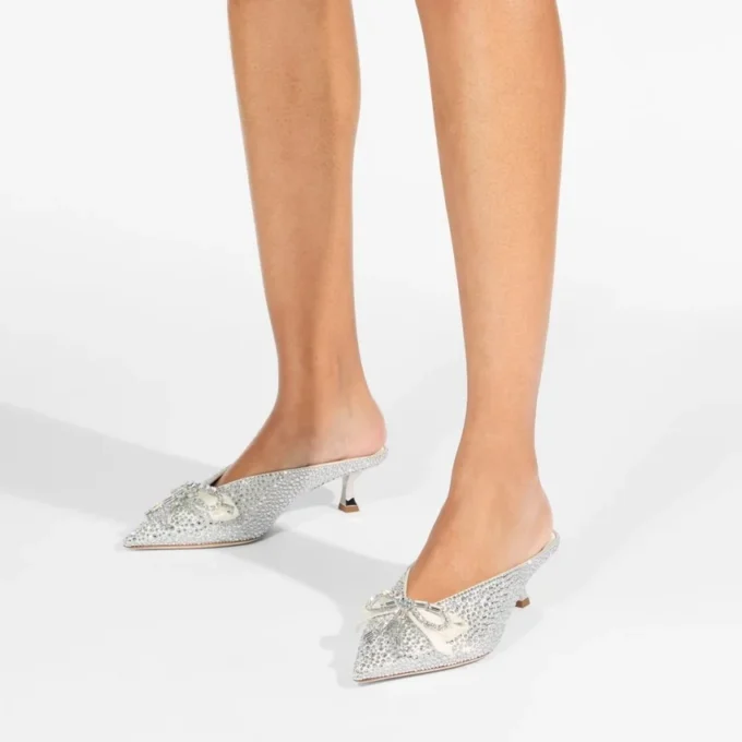 Auria Mule 50 Ivory Satin and Princess Crystal Hotfix Mules with Bow Embellishment