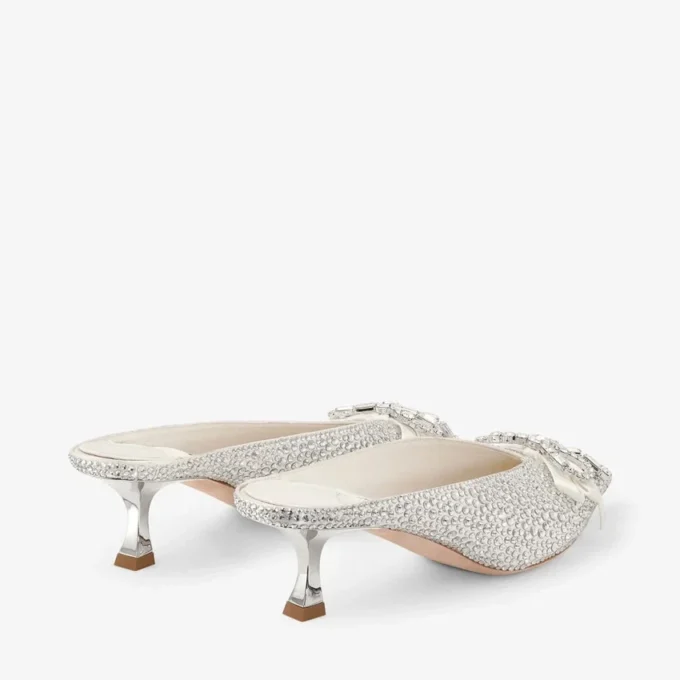 Auria Mule 50 Ivory Satin and Princess Crystal Hotfix Mules with Bow Embellishment