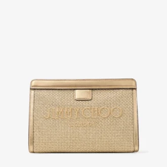 Avenue  Pouch Gold and Dark Cappuccino Metallic Embroidered Raffia Pouch