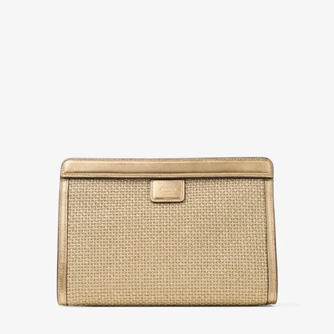 Avenue  Pouch Gold and Dark Cappuccino Metallic Embroidered Raffia Pouch