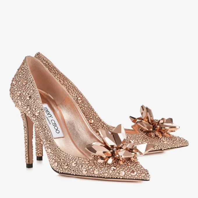 Avril Rose Gold Crystal Covered Pointy Toe Pumps
