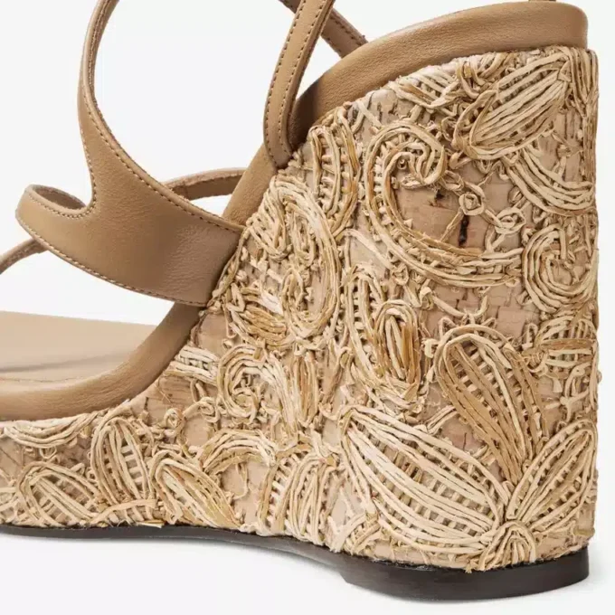 Ayla 110 Cappuccino Nappa Leather and Flower Woven Raffia Wedges