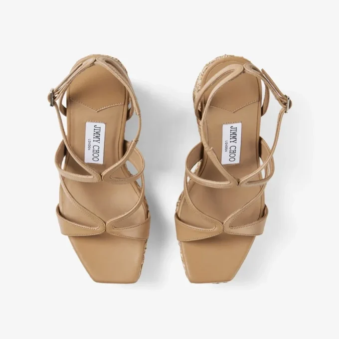 Ayla 110 Cappuccino Nappa Leather and Flower Woven Raffia Wedges