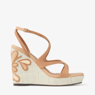 Ayla 110 Toffee and Natural Mix Suede and Nappa Leather Wedges with Fine Raffia