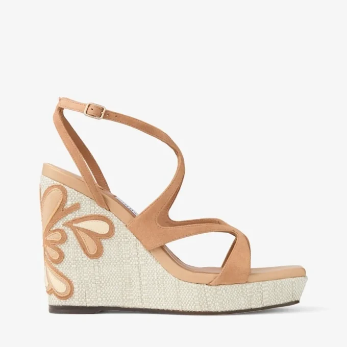 Ayla 110 Toffee and Natural Mix Suede and Nappa Leather Wedges with Fine Raffia