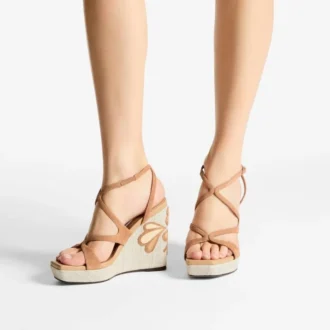 Ayla 110 Toffee and Natural Mix Suede and Nappa Leather Wedges with Fine Raffia