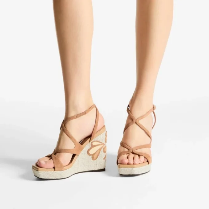 Ayla 110 Toffee and Natural Mix Suede and Nappa Leather Wedges with Fine Raffia