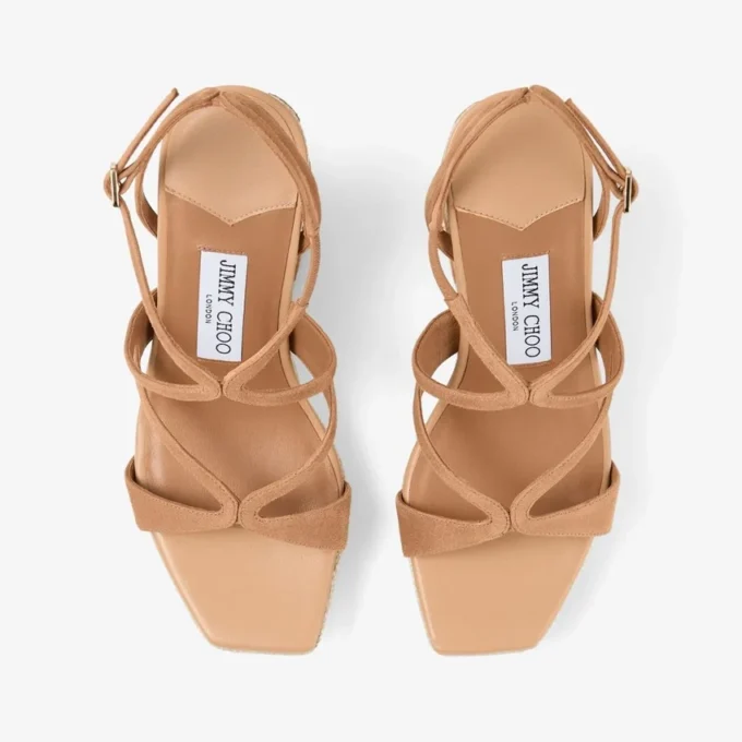 Ayla 110 Toffee and Natural Mix Suede and Nappa Leather Wedges with Fine Raffia